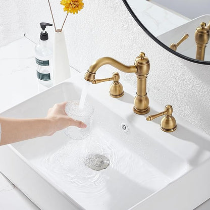 GGStudy 2 Handles 3 Holes Faucet Widespread Bathroom Sink Faucet Basin Tap Mixer Supply Hose Included Matching Pop Up Drain Antique Brass