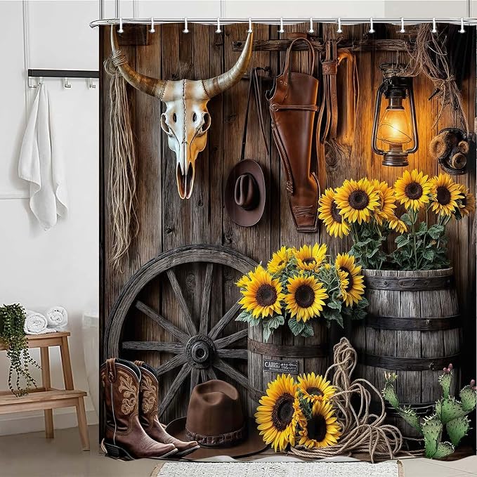 Farmhouse Western Shower Curtain, Rustic Country Cowboy Barn Door Bath Curtain Set, Brown Southwest Cowboys Boots Hat Bull Sunflowers Bathroom Decor Accessories with Hooks 70X84IN
