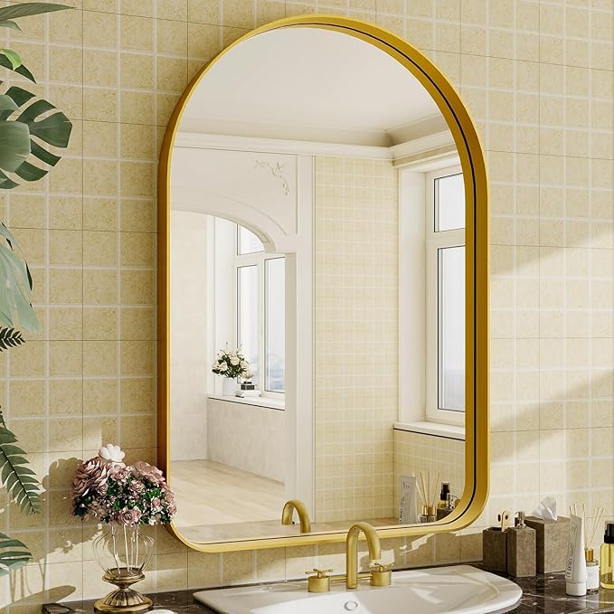 Arched Bathroom Mirror - 38x26 Inch Gold Bathroom Mirror for Wall - Aluminum Alloy Framed Mirror - Arched Top Bathroom Vanity Mirror for Living Room, Bedroom, Mantel, Entryway, and Hallways