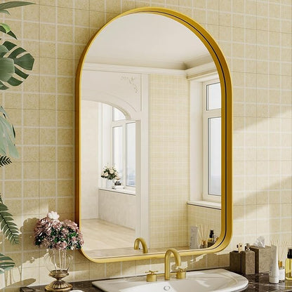 Arched Bathroom Mirror - 38x26 Inch Gold Bathroom Mirror for Wall - Aluminum Alloy Framed Mirror - Arched Top Bathroom Vanity Mirror for Living Room, Bedroom, Mantel, Entryway, and Hallways