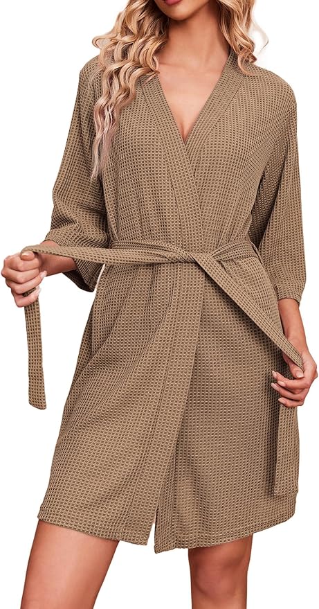 Ekouaer Robes for Women Waffle Knit Bathrobe Soft Lightweight Knee Length Loungewear S-XXL