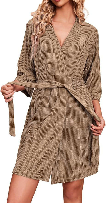 Ekouaer Robes for Women Waffle Knit Bathrobe Soft Lightweight Knee Length Loungewear S-XXL