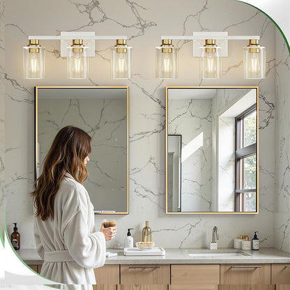 DORESshop 17 Inch 3-Light White Gold Bathroom Vanity Light | Modern White Vanity Light Fixture, Clear Glass Shade Bathroom Wall Light, Mirror Lighting for Bedroom Living Room