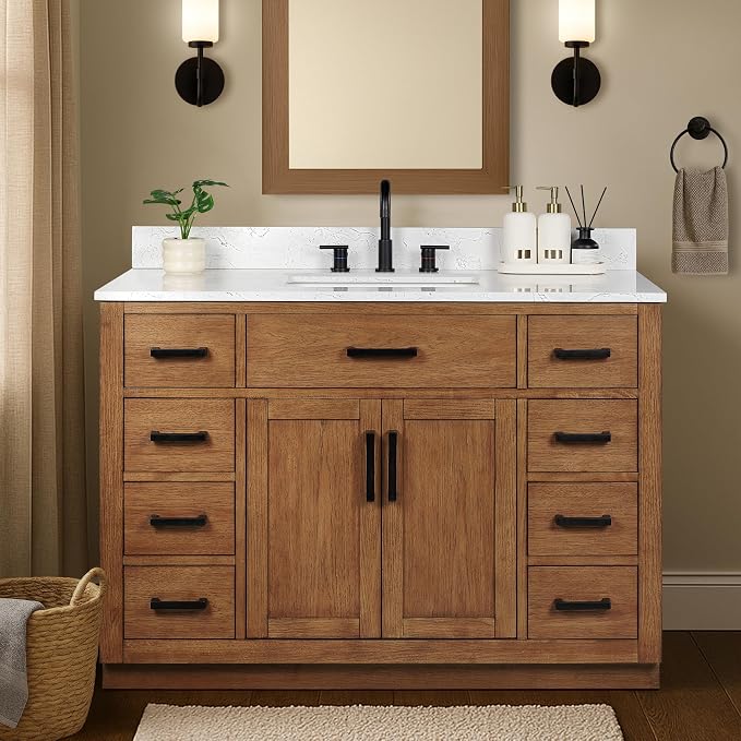 48-inch Dark Walnut Bathroom Vanity with Sink, Solid Wood, 0.79-inch Stone Countertop and Backsplash, 9 Drawers, 2 Soft Closing Doors