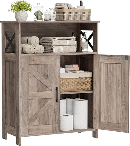 Homhedy Farmhouse Bathroom Storage Cabinet with 2 Doors, Toilet Paper Cabinet with Adjustable Shelves, Small Bathroom Cabinet for Kitchen/Laundry/Living Room, 11.8 x 23.6 x 31.5 Inches, Greige