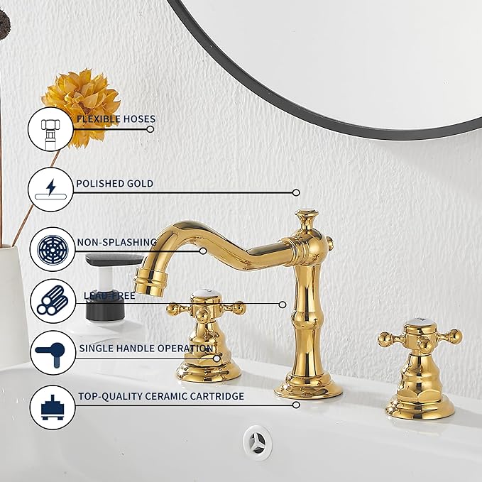 GGStudy 2 Handles 3 Holes Faucet Widespread Bathroom Sink Faucet Polished Gold Basin Tap Mixer Supply Hose Included Matching Metal Pop Up Drain