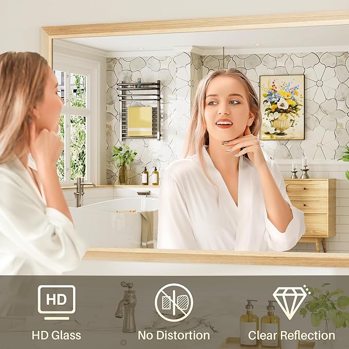 48x32 Inch Bathroom Mirror for Wall, Anti-Rust Oak Wood Grain Metal Framed Bathroom Mirrors for Over Sink,Rectangler Mirrors for Bathroom Vanity, Farmhouse, Bedroom, Living Room, Entryway Decor