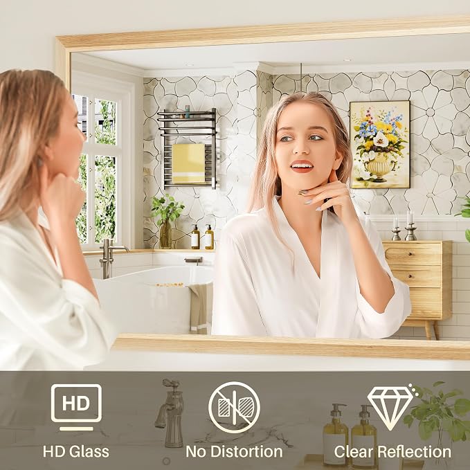 40x38 Inch Bathroom Mirror for Wall, Anti-Rust Oak Wood Grain Metal Framed Bathroom Mirrors for Over Sink,Rectangler Mirrors for Bathroom Vanity, Farmhouse, Bedroom, Living Room, Entryway Decor