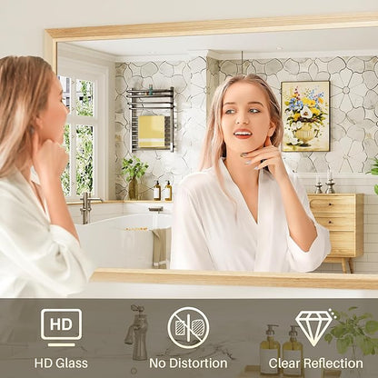 60x36 Inch Bathroom Mirror for Wall, Anti-Rust Oak Wood Grain Metal Framed Bathroom Mirrors for Over Sink,Rectangler Mirrors for Bathroom Vanity, Farmhouse, Bedroom, Living Room, Entryway Decor