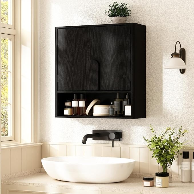 RUSTOWN Wall Mounted Bathroom Cabinets with Rounded Edges & Curved Handles | Adjustable Shelf, 3-Tier Over The Toilet Storage Cabinets, Modern Medicine Cabinet for Laundry Kitchen Living Room