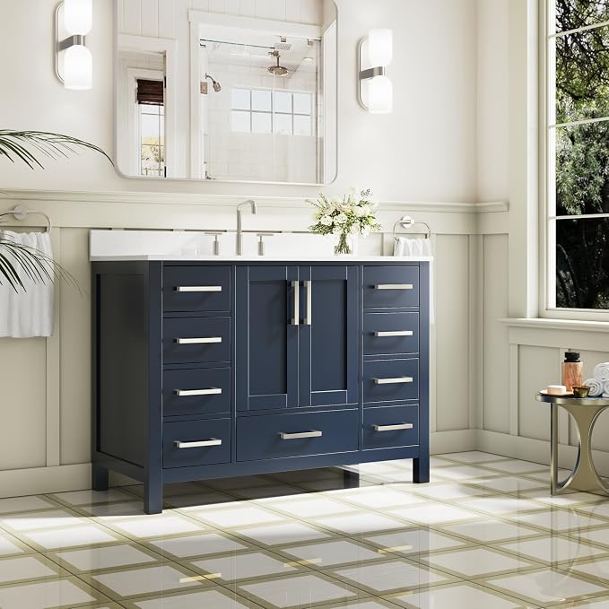 48-Inch Bathroom Vanity with Sink, 2 Soft-Close Doors and 9 Soft-Close Drawers, Bathroom Freestanding Vanity with Cultured Marble Countertop, Navy Blue Vanity with Brushed Nickel Handles