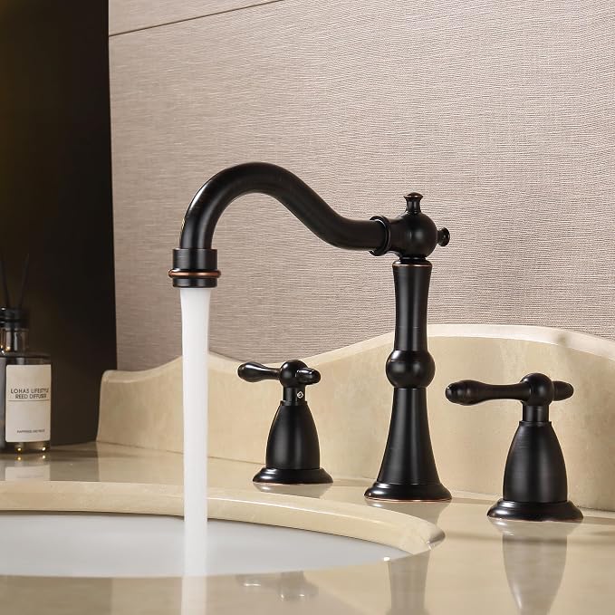 Oil Rubbed Bronze Antique Bathroom Faucet 3 Hole, Widespread 8in Bathroom Sink Faucet with Pop Up Drain and cUPC Supply Hose, Modern 2 Handle Three Hole Bathroom Faucet Bronze JXM3073ORB