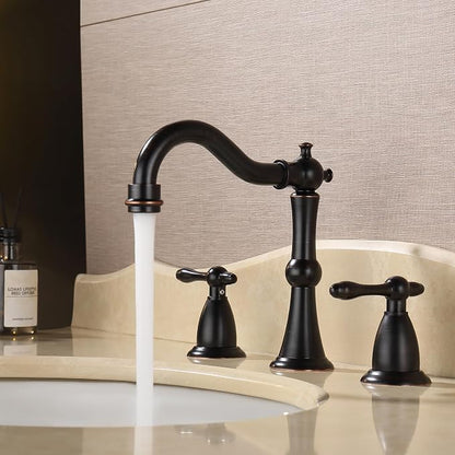Oil Rubbed Bronze Antique Bathroom Faucet 3 Hole, Widespread 8in Bathroom Sink Faucet with Pop Up Drain and cUPC Supply Hose, Modern 2 Handle Three Hole Bathroom Faucet Bronze JXM3073ORB