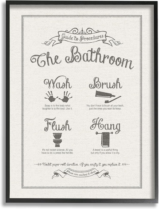 Stupell Industries Guide To Bathroom Procedures Linen Look Framed Giclee Texturized Art, Proudly Made in USA