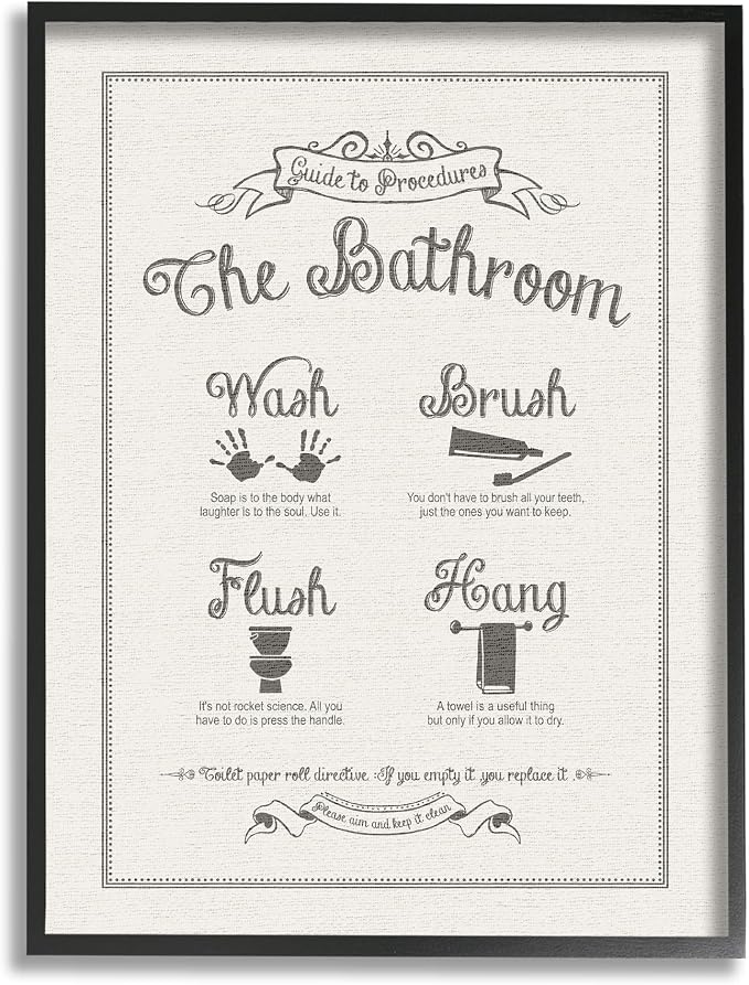 Stupell Industries 'Guide to Bathroom Procedures Linen Look', Framed Giclee Art, Black, 24 x 30 Inches, Easy to Hang and Sturdy, Made in USA, by Lettered and Lined
