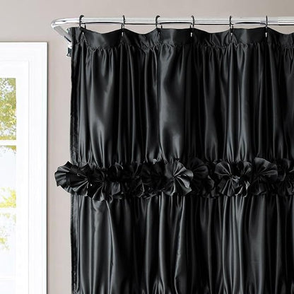 Homechoice Decor Black Handcrafted Bow Tie Shower Curtain 72" W x 72" H | Vintage Ruffle Bath Curtain for Master Bathroom, Ruched Satin Bathroom Curtain with 12 Buttonholes (LQ-10)