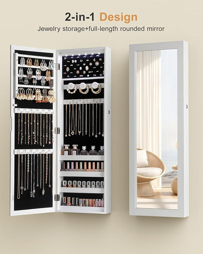 Nicetree 6 LEDs Mirror Jewelry Cabinet, Jewelry Organizer with Full Length Mirror, Wall/Door Mounted Jewelry Organizer, Full Length Mirror with Storge (Textured White)