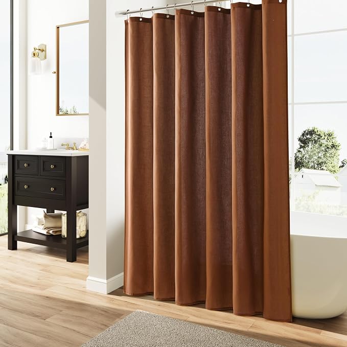 Rustic Brown Linen Shower Curtain, Country Boho Farmhouse Bath Decor Shower Curtains Neutral Cloth Weighted Textured Fabric Bath Curtain Liner with Hooks, 72x84