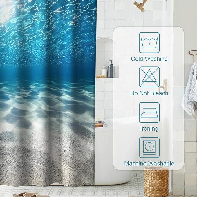 Modern Ocean Shower Curtain, Rustic Luxury Abstract Nautical Tropical Coastal Shower Curtains for Bathroom, Waterproof Bath Curtain with Hooks Machine Washable Bathtub Curtains 72x72 Inch Blue