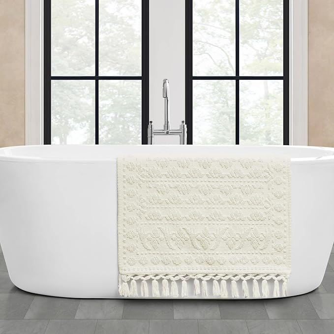 French Connection Nellore Bathroom Rugs, Woven and Beaded Bathroom Mats, Durable Bath Rugs, Thick Bath Mats for Bathroom and Shower Rugs, 24" x 64", Ivory