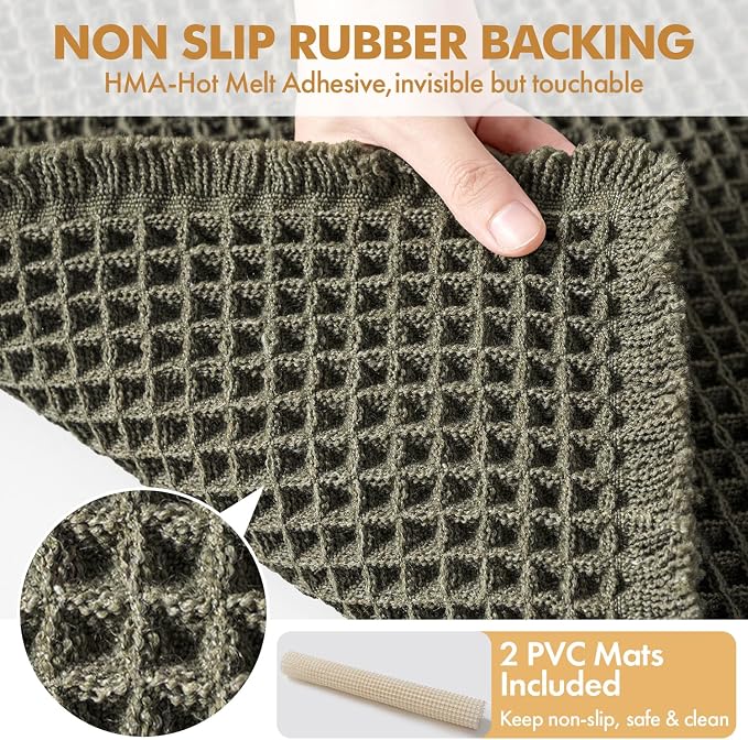 MIULEE Set of 2 Waffle Bathroom Rugs Boho Bath Mat Green 17"x24"+20"x32" | Non Slip, Super Absorbent, Washable, Ultra Soft, Rubber Backed Bath Rugs for Bathroom Floor Tub Shower