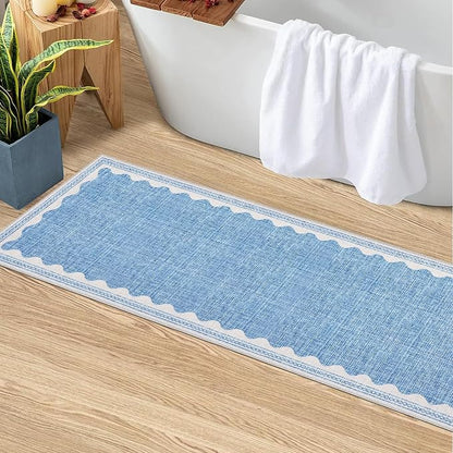 Garvee Washable Hallway Runner Rug 2x6 Runner Rug Bordered Wave Print Blue | Non Slip Entryway Rugs Foldable Non-Shedding Carpet Low Pile Stain-Resistant Indoor Soft Rugs for Laundry Kitchen Bathroom