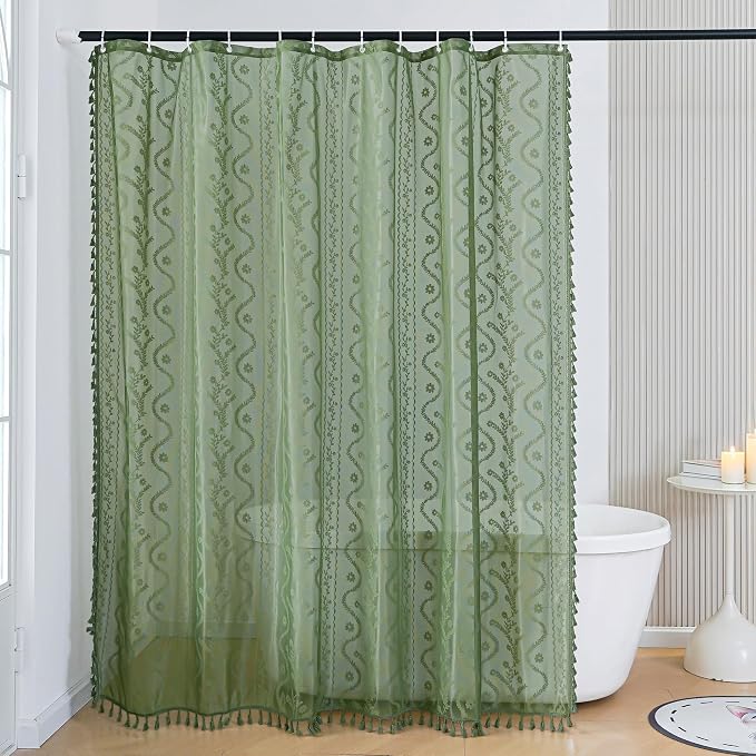 WAZZIO Dark Sage Green Lace Shower Curtain for Bathroom 72" W x 84" L, Victorian Farmhouse Floral Pattern Tassel Fancy Shower Curtain Boho Washable Cloth Decorative Bath Curtains,1 Panel