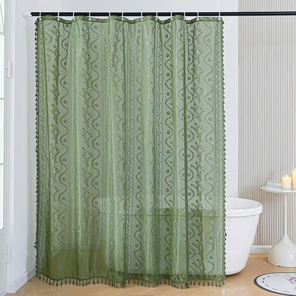 WAZZIO Dark Sage Green Lace Shower Curtain for Bathroom 72" W x 84" L, Victorian Farmhouse Floral Pattern Tassel Fancy Shower Curtain Boho Washable Cloth Decorative Bath Curtains,1 Panel