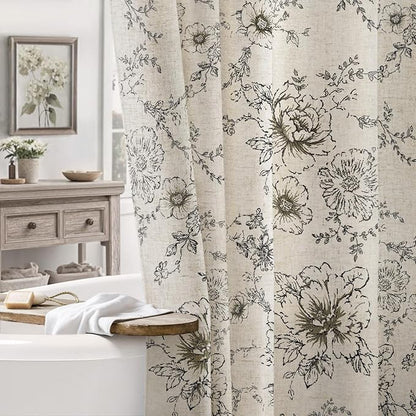 Farmhouse Floral Vintage Shower Curtain for Bathroom, Black and Tan Taupe | 60" W x 72" L, Elegant Boho Pattern Bath Curtain,Linen Fabric