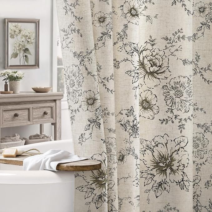 Farmhouse Floral Vintage Shower Curtain for Bathroom, Black and Tan Taupe | 72" W x 90" L, Elegant Boho Pattern Bath Curtain,Linen Fabric