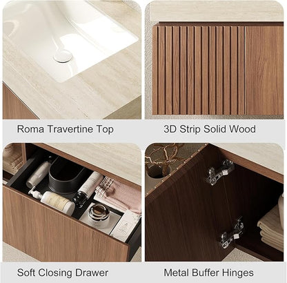 Ambrovina 36" Floating Bathroom Vanity with Sink, Modern Plywood Bathroom Storage Cabinet with Drawer and Door, Roma Travertine-Pattern Top with 3 Pre-drilled Faucet Holes Ceramic Basin, Dark Oak