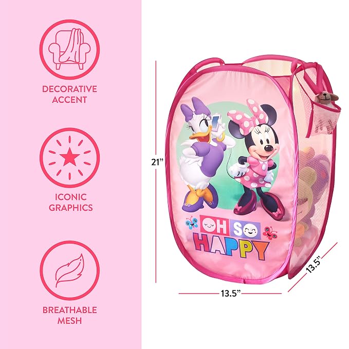 Disney Minnie Mouse Pop-Up Hamper,“Oh So Happy” Design, 21”H x 13.5”W x 13.5”L, Durable & Collapsible Laundry Basket with Carry Handles for Kids Room