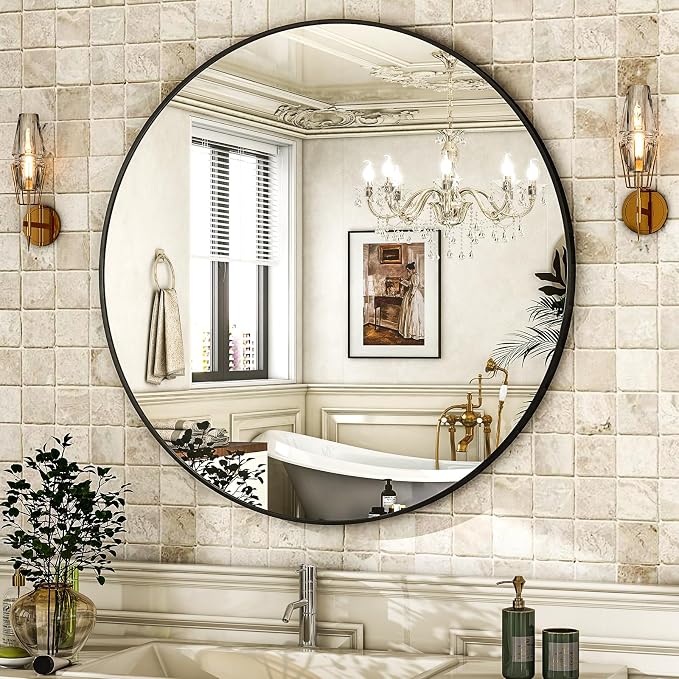 HARRITPURE 24 Inch Round Mirror Black Circle Bathroom Mirror | Modern Aluminum Alloy Frame Wall Mounted Vanity Mirror for Living Room, Bedroom, Entryway