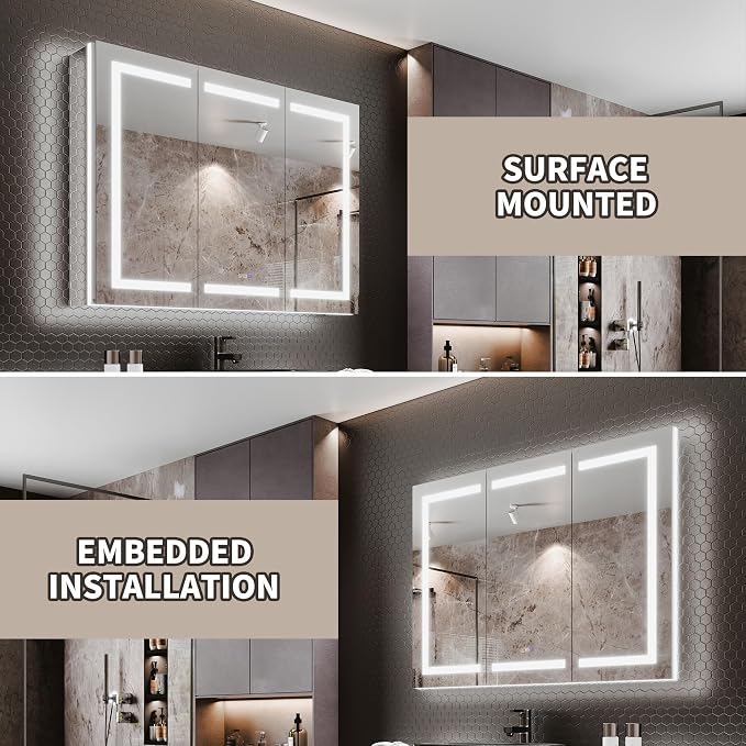 66"x36" Smart LED Medicine Cabinet with Mirror - Triple Door Bathroom Storage, Anti-Fog Technology, 3-Color Stepless Dimming, 5X Magnifier, Night Light, Soft-Close Hinges