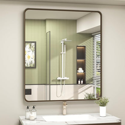 OKPAL 28x32 Bronze Bathroom Mirror Over Sink, Brushed Bronze Vanity Mirror, Rounded Bronze Rectangle Mirror for Farmhouse, Anti-Rust, Wall Mounted (Horizontal/Vertical)