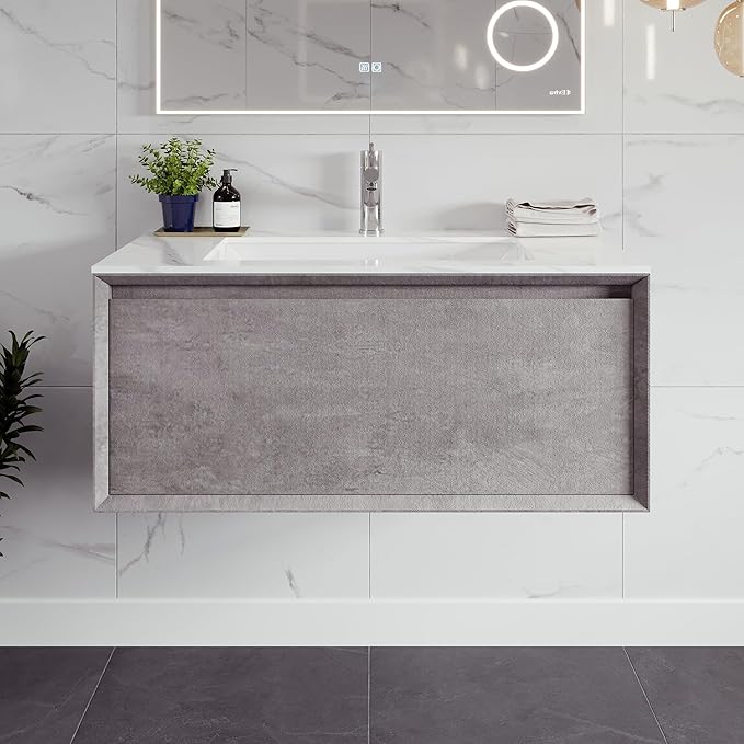 Eviva Aurora 36 in. Concrete Gray Wall Mount Single Sink Bath Vanity with Carrara Quartz Top