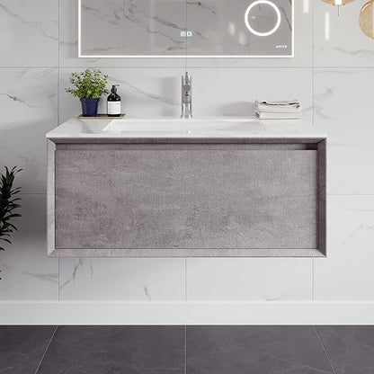 Eviva Aurora 36 in. Concrete Gray Wall Mount Single Sink Bath Vanity with Carrara Quartz Top