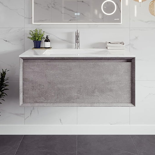 Eviva Aurora 36 in. Concrete Gray Wall Mount Single Sink Bath Vanity with Carrara Quartz Top
