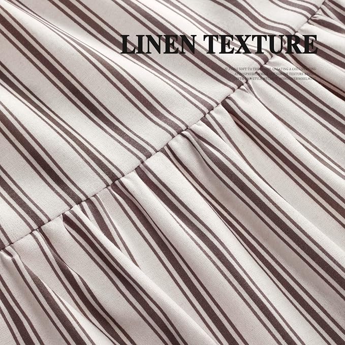 Farmhouse Shower Curtain Ruffle Linen White-Brown Stripe 72"W x 72"L | Farmhouse Boho, Striped, Bottom Ruffle, Cotton Fabric, Rustic, Country, Natural Look, Washable, for Bathroom Bathtub