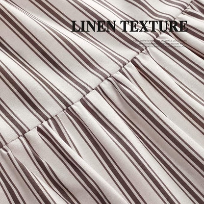 Farmhouse Shower Curtain Ruffle Linen White-Brown Stripe 72"W x 72"L | Farmhouse Boho, Striped, Bottom Ruffle, Cotton Fabric, Rustic, Country, Natural Look, Washable, for Bathroom Bathtub