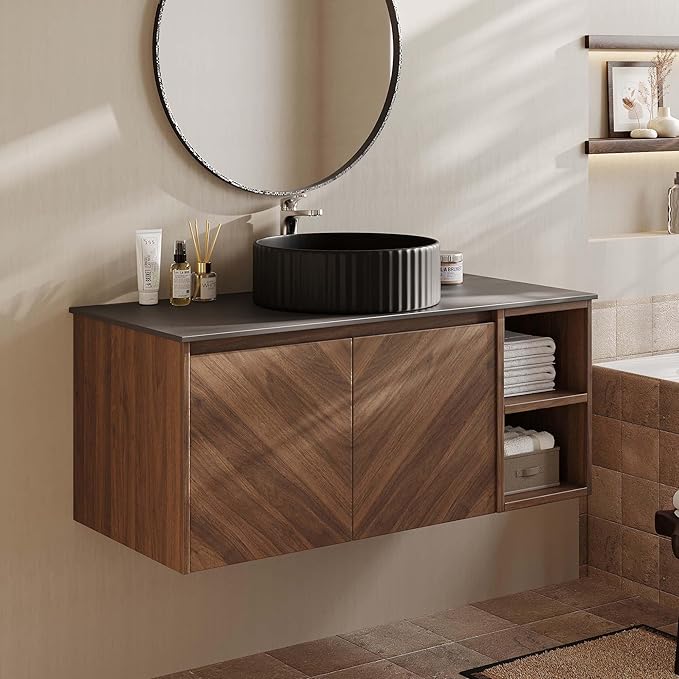 36 Inch Floating Vanity Bathroom with Single Sink, Wall-Mounted Floating Bathroom Cabinet with Sintered Stone Countertop & Black Ceramic Basin, Ample Storage and Open Shelves, Dark Wood