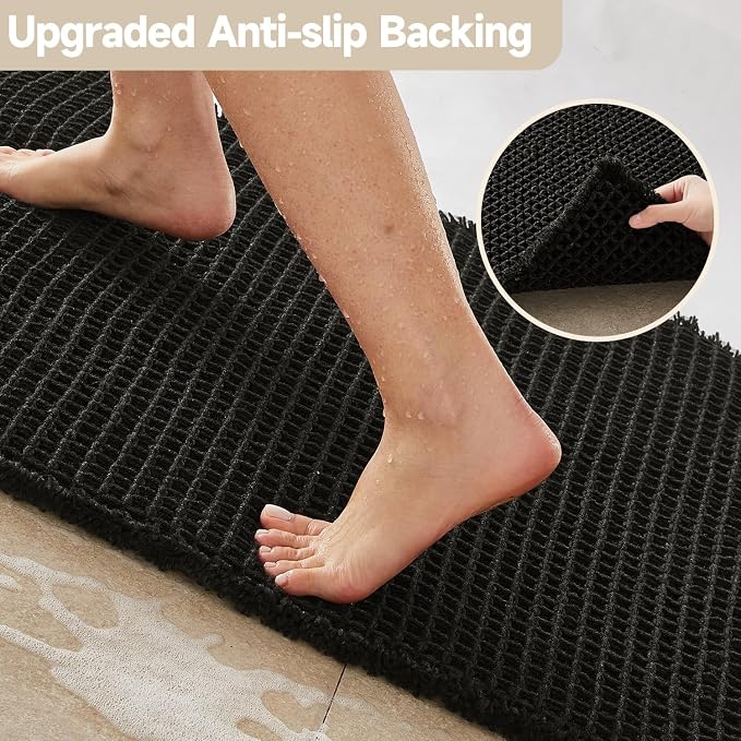 TYUU Black Waffle Bath Mat, Boho Bathroom Rugs Non Slip Washable, 48x24 | Super Absorbent Quick Dry Bath Rug, Non-Slip Backing, Soft Waffle Washable Farmhouse Bathroom Mats, Tub, Shower & Home Decor