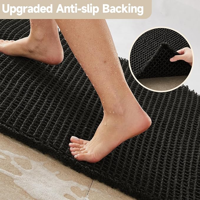 TYUU Black Waffle Bath Mat, Small Boho Bathroom Rugs Non Slip 24x16 | Super Absorbent Quick Dry Bath Rug, Non-Slip Backing, Soft Waffle Washable Farmhouse Bathroom Mats, Tub, Shower & Home Decor