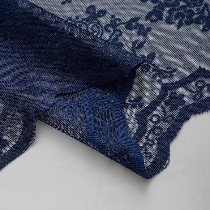 TUDECO Navy Blue Lace Shower Curtain with Attached Valance, 72 x 72 Inch | Retro Floral, Masculine Bathroom Curtain, Moody, Scalloped Edges, Lets Light In, Reinforced Holes, Machine Washable