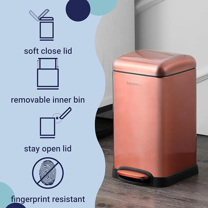 happimess Betty Retro Mini 3.2 Gal Step Trash Can, Rose Gold | Soft-Close Lid, Fingerprint Proof, Removable Liner, Stainless Steel, Hands-Free Pedal