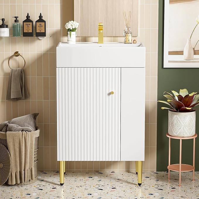 Merax 21.6" Bathroom Vanity with Single Sink, Bathroom Floor Standing Cabinet with Side Storage, Modern Bathroom Vanity with 1 Door and White Ceramic Basin Sink Top, White