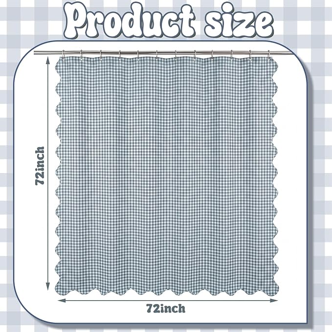HunnmingRe Scalloped Gingham Shower Curtain Dust Blue | 72'' x 72'' Vintage Farmhouse Curtain, Cotton Cottage Core Rural Checkered Plaid Decor, Fall Shower Curtain for Bathroom