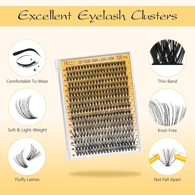 QUEWEL Lash Clusters Kit, 320 Pcs 30D Lash Cluster Eyelash Extensions | 9-16mm Lash Clusters Wispy Kit with Eyelash Clusters Bond and Seal Glue Remover Tweezers (30D Kit)