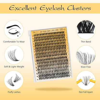 QUEWEL Lash Clusters Kit, 320 Pcs 30D Lash Cluster Eyelash Extensions | 9-16mm Lash Clusters Wispy Kit with Eyelash Clusters Bond and Seal Glue Remover Tweezers (30D Kit)