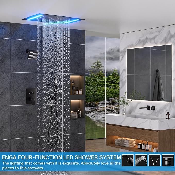 ENGA Dual Rain Shower Head System, 2 In 1 Functions Ceiling Mount 14x20inch LED Shower Head with 6 Inch Shower Head, Rainfall Waterfall Shower Faucet Set, Matte Black